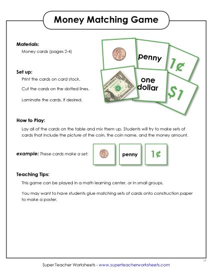 Coin Identification - Cards: Coins & Bills (Basic) (Printable PDF Worksheet)