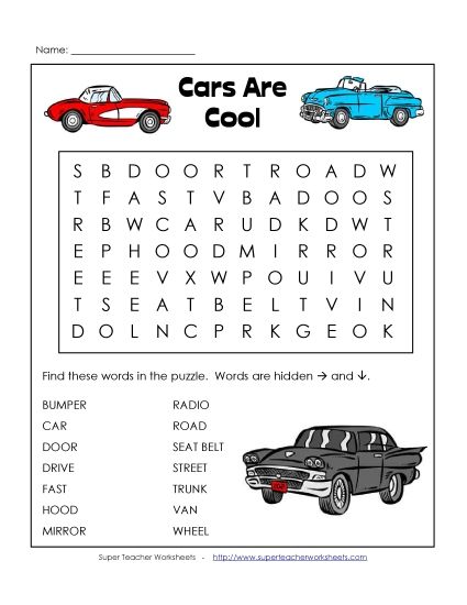 Basic (Grades K-3) - Cars (Printable PDF Worksheet)