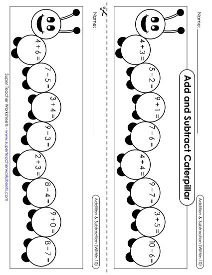 Practice Worksheets - Caterpillar: Addition & Subtraction (Within 10) (Printable PDF Worksheet)