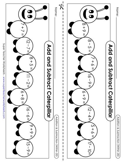 Practice Worksheets - Caterpillar: Addition & Subtraction (Within 20) (Printable PDF Worksheet)