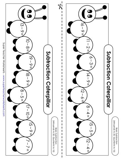 Subtraction Fact Practice - Caterpillar: Subtraction within 20 (Printable PDF Worksheet)