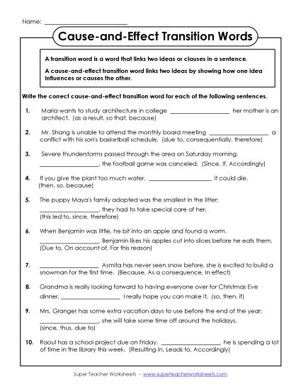 Cause & Effect: Transition Words - Cause and Effect Transition Words (Printable PDF Worksheet)