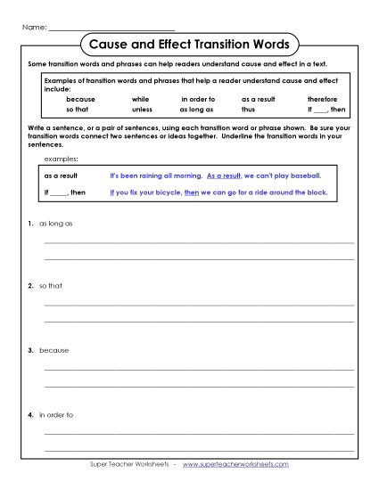 Cause & Effect: Transition Words - Cause & Effect Transitions: Write Sentences (Printable PDF Worksheet)