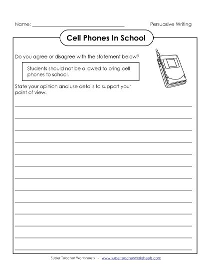 Persuasive Writing Topics - Cell Phones (Printable PDF Worksheet)