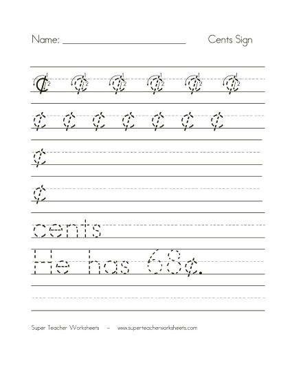 Symbols - Cents Sign (Printable PDF Worksheet)