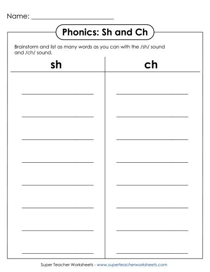 Ch and Sh Mixed - Ch-Sh Lists (Printable PDF Worksheet)