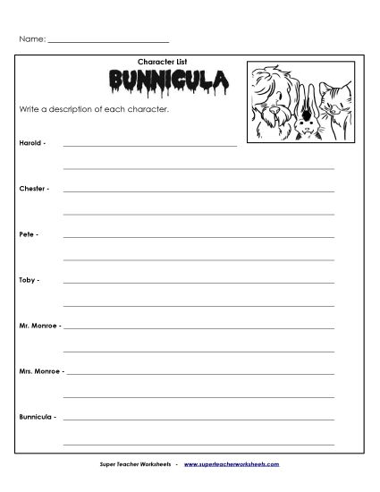 Whole Book - Character List (Printable PDF Worksheet)