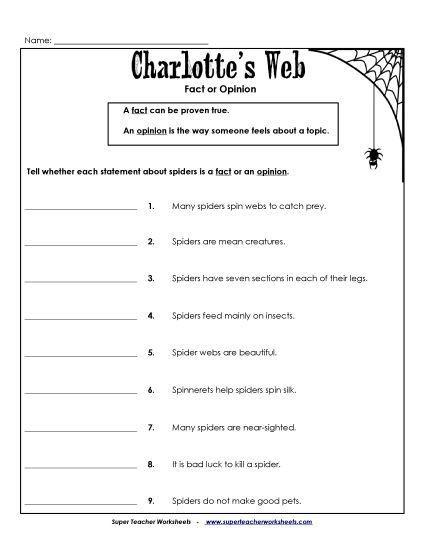 Whole Book - Charlotte's Web: Fact & Opinion (Printable PDF Worksheet)