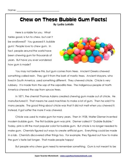Nonfiction Articles - Chew on These Bubble Gum Facts (Printable PDF Worksheet)