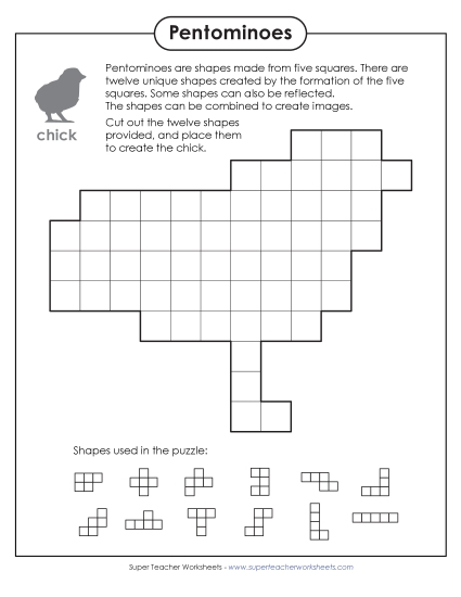 Easter Shape and Picture Puzzles - Chick Pentominoes Puzzle (Printable PDF Worksheet)