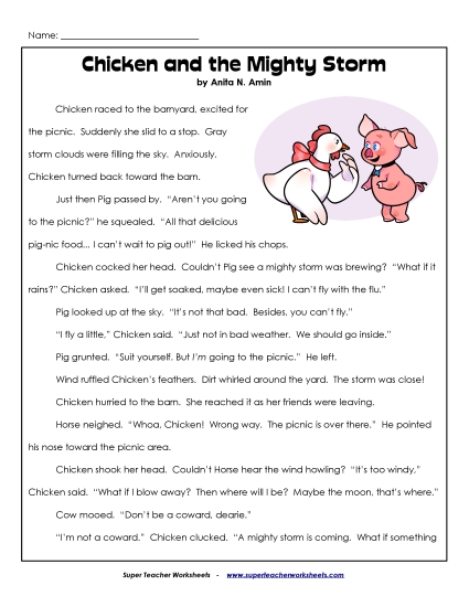 Reading Comp (Fiction) - Chicken and the Mighty Storm  Story (Printable PDF Worksheet)
