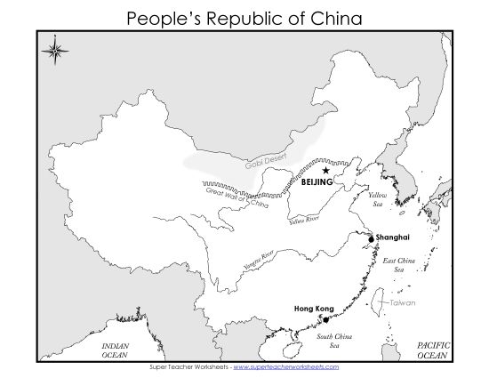 China - China Map (Basic Labels) (Printable PDF Worksheet)