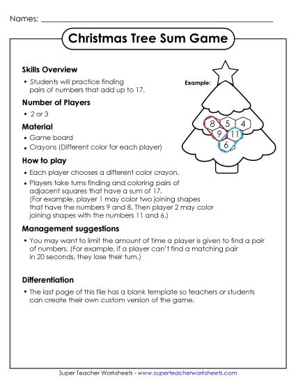 Holiday Sum Game - Christmas Addition Sum Game (Printable PDF Worksheet)