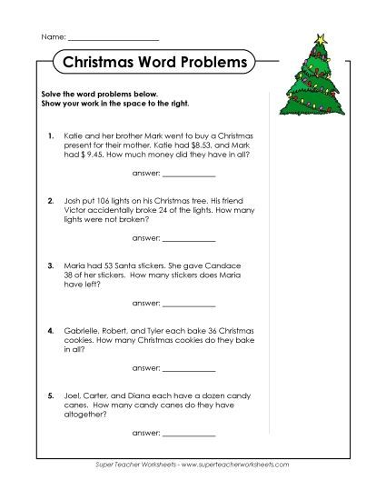 Christmas Word Problems - Christmas Add/Subtract Word Problems (Printable PDF Worksheet)