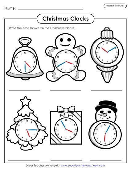 Christmas Clocks Telling Time - Christmas Clocks Nearest Five Minutes (Printable PDF Worksheet)