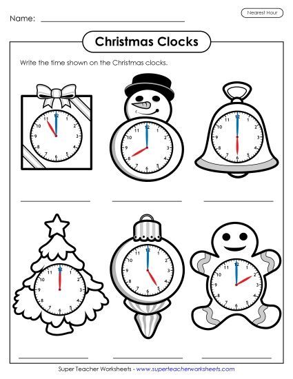 Christmas Clocks Telling Time - Christmas Clocks Nearest Hour (Printable PDF Worksheet)
