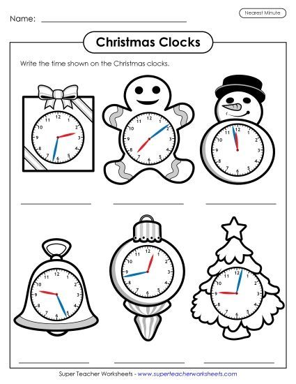Christmas Clocks Telling Time - Christmas Clocks Nearest Minute (Printable PDF Worksheet)