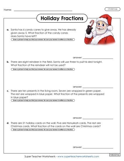 Christmas Word Problems - Christmas Fractions Word Problems (Printable PDF Worksheet)