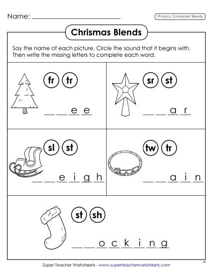 Worksheets - Christmas Phonics Blends (Printable PDF Worksheet)