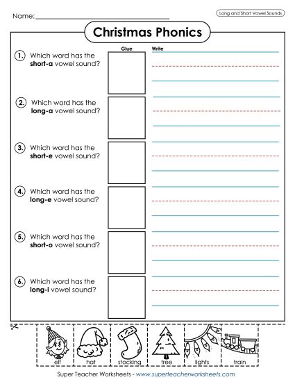 Cut-and-Glue Activities (Very Basic) - Christmas Phonics Vowel Sounds (Printable PDF Worksheet)