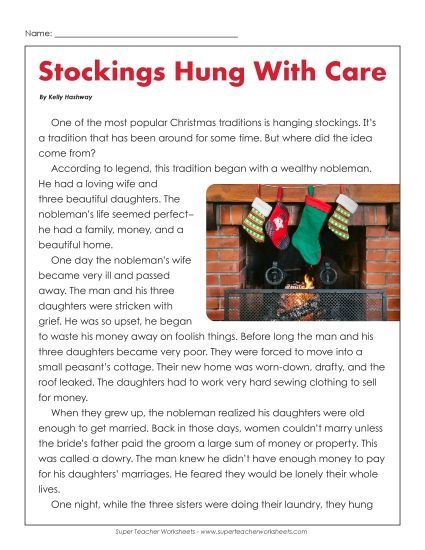 Reading Comprehension - Christmas Stockings (Legend) (Printable PDF Worksheet)