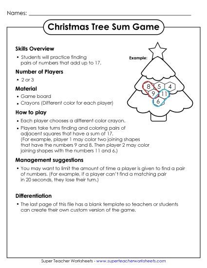 Christmas Math Puzzles & Games - Christmas Sum Game (Printable PDF Worksheet)
