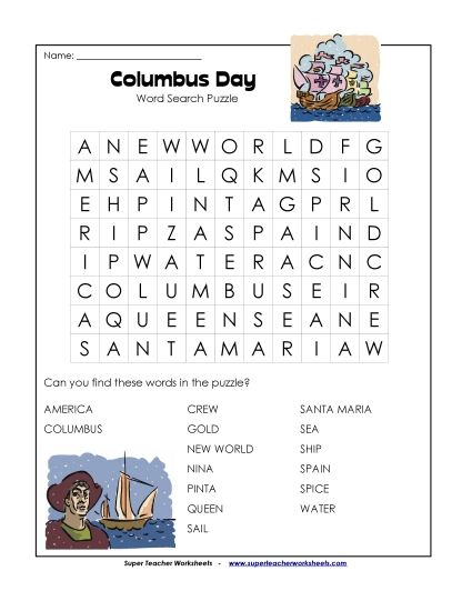 Christopher Columbus Word Search (Easy) (Printable PDF Worksheet)