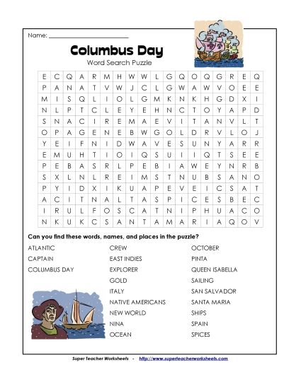 Christopher Columbus Word Search (Hard) (Printable PDF Worksheet)