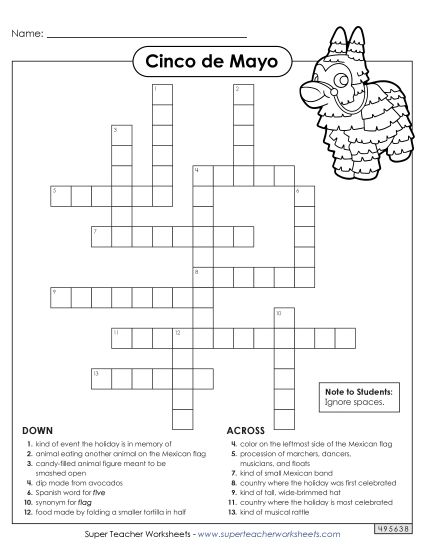 Worksheets - Cinco de Mayo Crossword Puzzle (Printable PDF Worksheet)