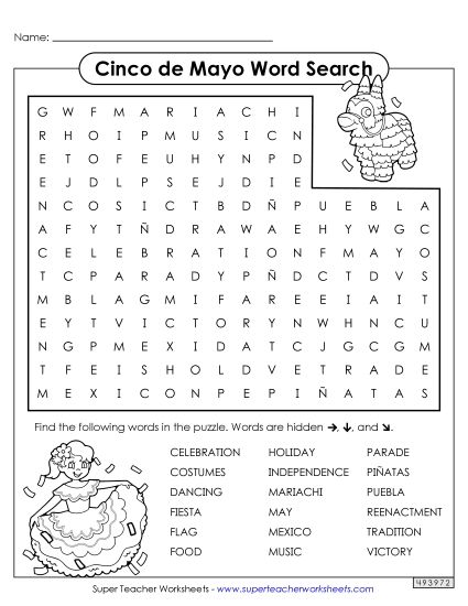 Worksheets - Cinco de Mayo Word Search (Printable PDF Worksheet)