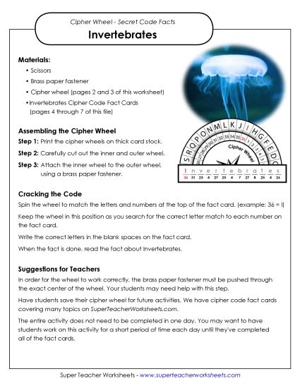 Puzzles - Cipher Wheel Facts: Invertebrates (Printable PDF Worksheet)