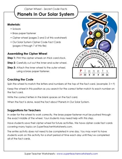 Projects and Activities - Cipher Wheel With Coded Planet Facts (Printable PDF Worksheet)