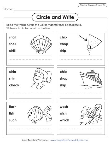 Circle and Write: Sh and Ch Words (Printable PDF Worksheet)