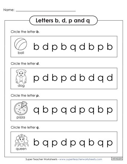 Letters b, d, q, and p - Circle b, d, p, q (Printable PDF Worksheet)