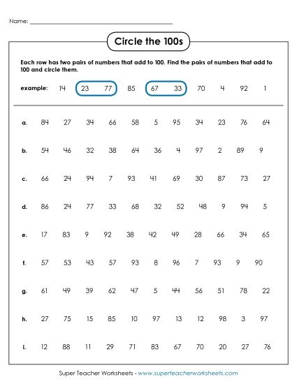 Number Challenges - Circle the 100s (Hard) (Printable PDF Worksheet)