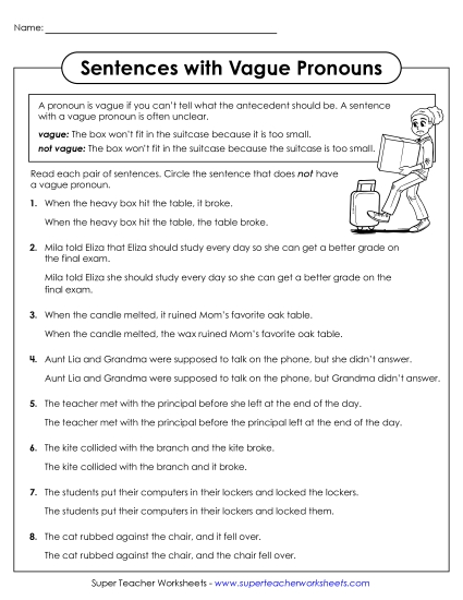 Vague Pronouns - Circle the Sentence with No Vague Pronoun (Printable PDF Worksheet)