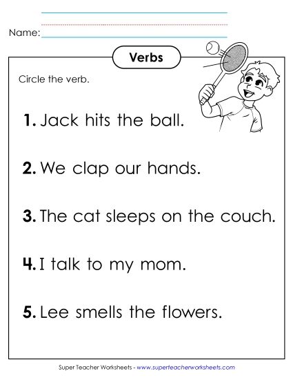 Basic Action Verbs - Circle the Verb Worksheet #2 (Printable PDF Worksheet)