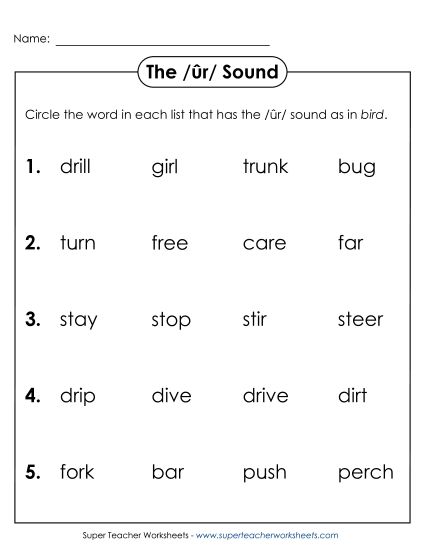 Worksheets - Circle the Word: /ûr/ Spelled <i>er</i>, <i>ir</i>, <i>ur</i> (Printable PDF Worksheet)