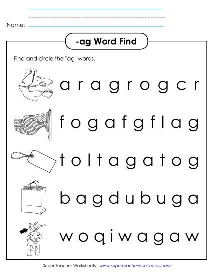 Worksheets - Circle the Words (-ag) (Printable PDF Worksheet)