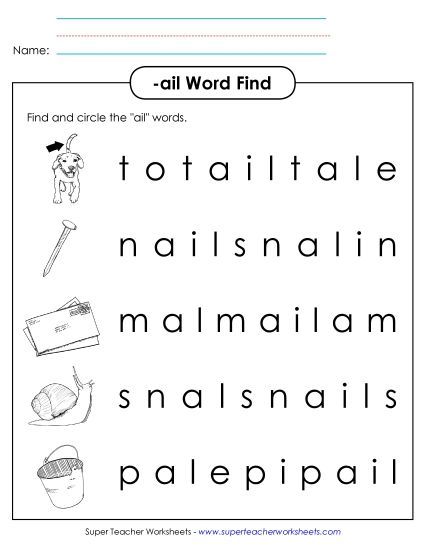Worksheets - Circle the Words (-ail) (Printable PDF Worksheet)