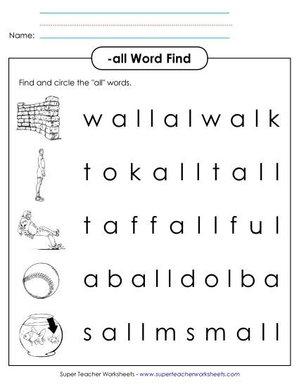 Worksheets - Circle the Words (-all) (Printable PDF Worksheet)