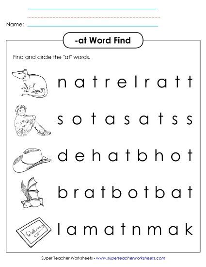 Worksheets - Circle the Words (-at) (Printable PDF Worksheet)