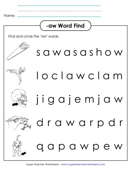 Worksheets - Circle the Words (-aw) (Printable PDF Worksheet)