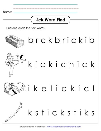 Worksheets - Circle the Words (-ick) (Printable PDF Worksheet)