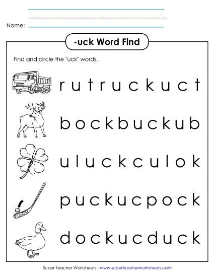 Worksheets - Circle the Words (-uck) (Printable PDF Worksheet)