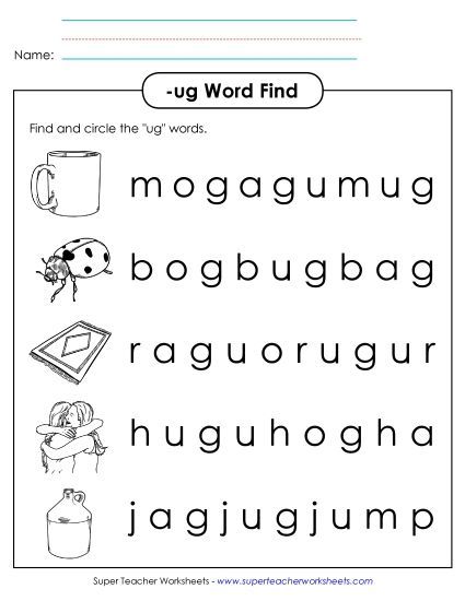 Worksheets - Circle the Words (-ug) (Printable PDF Worksheet)