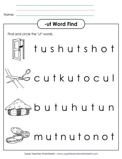Worksheets - Circle the Words (-ut) (Printable PDF Worksheet)