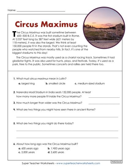 Short Passages - Circus Maximus (Short, Nonfiction) (Printable PDF Worksheet)