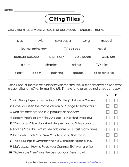 Quotation Marks for Titles - Citing Titles (Printable PDF Worksheet)