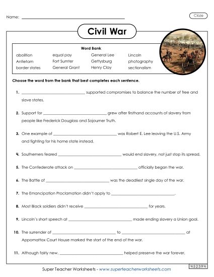 Worksheets - Civil War Cloze Activity (Printable PDF Worksheet)
